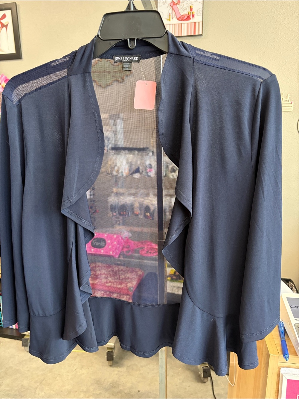 Nina Leonard Navy Ruffle-Front Sheer-Back Cardigan
